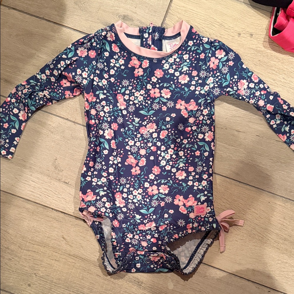 Ruffle Butts Floral Kids Swim One Piece - Blue and Pink
